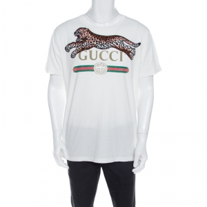 Gucci White Cotton Jersey Embroidered Leopard Patch T-Shirt M 