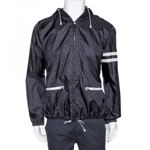 Gucci Black Logo Pattern Stripe Detail Hooded Shell Jacket XL