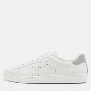 مملوكة مسبقًا Gucci White Perforated Interlocking G Leather Ace Sneakers Size 41