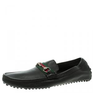 500 By Gucci Black Leather Horsebit Web Detail Driver Loafers Size 45