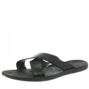 Gucci Black Guccissima Leather Cross Strap Slide Sandals Size 45
