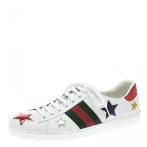 Gucci White Leather Ace Metallic Stars Low Top Sneakers Size 46.5