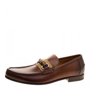 Gucci Brown Leather Bamboo Horsebit Web Detail Loafers Size 41