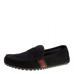 Gucci Black Suede Web Trim Detail Loafers Size 46.5