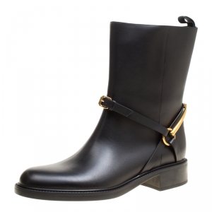 Gucci Black Leather Tess Horsebit Ankle Boots Size 41
