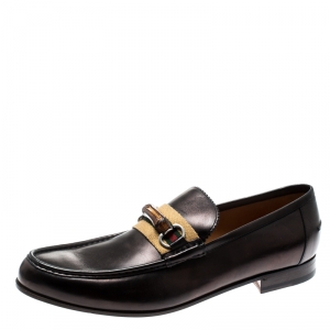 Gucci Brown Leather Bamboo Horsebit Slip On Loafers Size 44.5