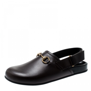 Gucci Brown Leather River Horsebit Slippers Size 42