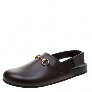 Gucci Brown Leather River Horsebit Slippers Size 43