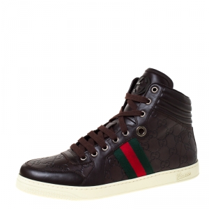 Gucci Brown Guccissima Leather Web Detail Lace High Top Sneaker Size 42.5