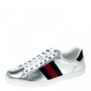 Gucci Silver Leather and Python Trim Web Detail Ace Sneakers Size 40.5