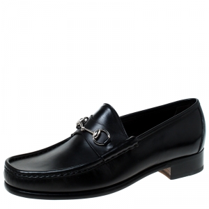 Gucci Black Leather Horsebit Loafers Size 46