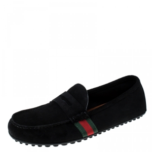 Gucci Black Suede Web Detail Slip On Loafers Size 40