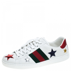 Gucci White Leather Ace Metallic Stars Low Top Sneakers Size 41