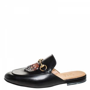 Gucci Black Leather Princetown Crystal Appliqué Mules Size 40