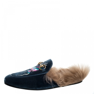 Gucci Blue Embroidered Velvet And Fur Princetown Horsebit Loafer Slides Size 42
