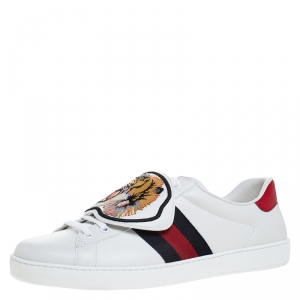 Gucci White Leather Ace Web Low Top Sneakers with Removable Patch Size 44.5 