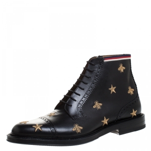 Gucci Black/Gold Embroidered Bee Star Leather Brogue Ankle Boots Size 44