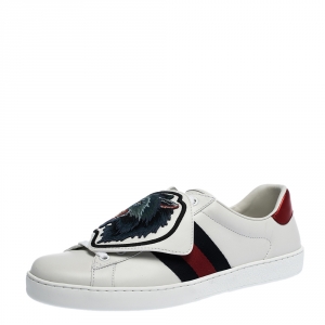 Gucci White Leather Ace Web Low Top Sneakers with Removable Patch Size 41