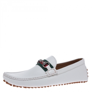 Gucci White Leather Horsebit Web Detail Driver Loafers Size 43