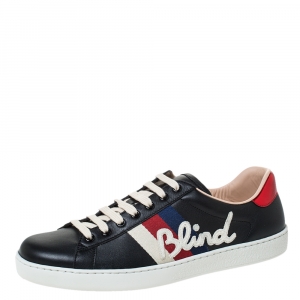Gucci Black Leather Ace Web Detail Blind For Love Low Top Sneakers Size 42