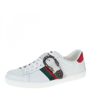 Gucci White Leather And Python Trim Ace Dionysus Buckle Lace Up Sneakers Size 42.5