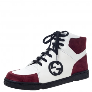 Gucci Burgundy/White GG Interlocking Leather Lace Up High Top Sneakers Size 42