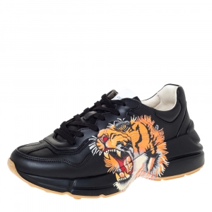 Gucci Black Leather Tiger Print Rhyton Platform Sneakers Size 40