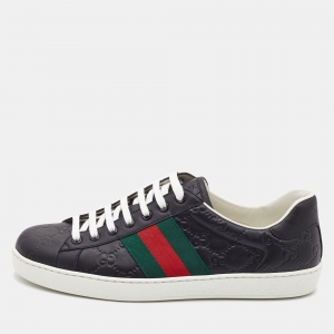Pre Owned Gucci Black Guccissima Leather Web Detail Ace Sneakers Size 42.5