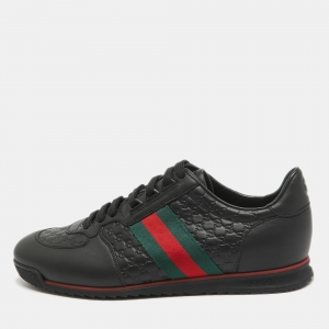 Gucci Black Guccissima Leather Web Detail Lace Up Sneakers Size 42.5
