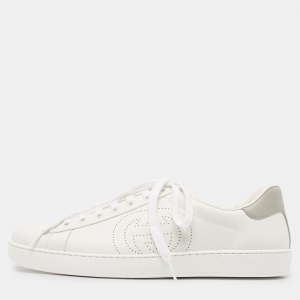 Pre Owned Gucci White Perforated Interlocking G Leather Ace Sneakers Size 44.5