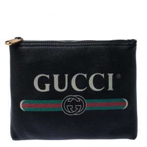 Pre Owned Gucci Black Leather Logo Print Pouch