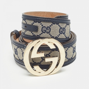 Pre Owned Gucci Beige/Navy Blue GG Canvas and Leather Interlocking G Buckle Belt 100 CM