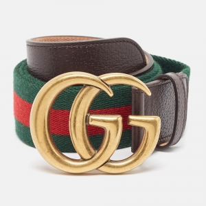 Pre Owned Gucci Multicolor Leather and Canvas Web Double G Buckle Belt 95 CM