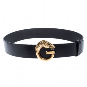 Pre Owned Gucci Black Leather Horse Head G Buckle Belt 80CM