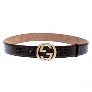 Pre Owned Gucci Dark Brown Crocodile Interlocking GG Buckle Belt 105CM