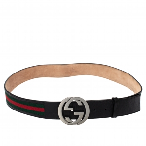 Pre Owned Gucci Red/Green Canvas and Leather Web Interlocking G Buckle Belt 95CM