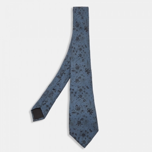 Gucci Blue Floral Print Silk Skinny Tie