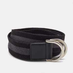 Gucci Black/Grey Canvas Stripe D Ring Belt 90CM