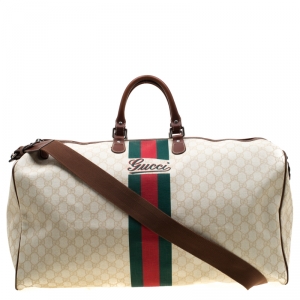 Gucci Light Beige GG Supreme Canvas Web Duffle Bag