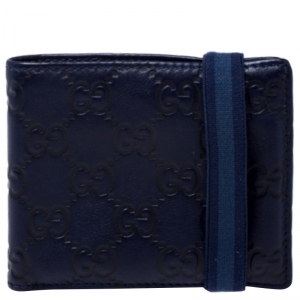 Gucci Blue Guccissima Leather Web Detail Bi Fold Wallet