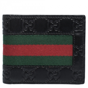 Gucci Black Guccissima Leather Web Bifold Wallet