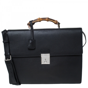 Gucci Black Leather Bamboo Handle Briefcase