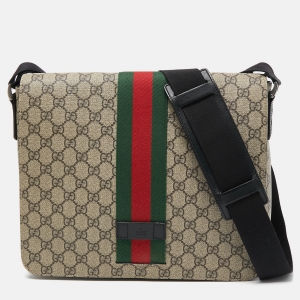 Gucci Beige GG Supreme Canvas Web Flap Messenger Bag