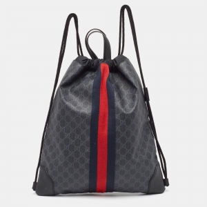 Gucci Black GG Supreme Canvas and Leather Drawstring Backpack