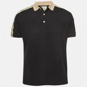 Gucci Black Interlocking G Logo Stripe Pique Polo T-Shirt M