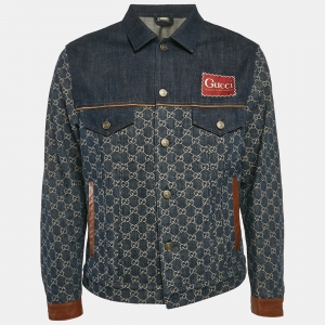 Gucci Blue GG Supreme Leather Trim Denim Jacket XS