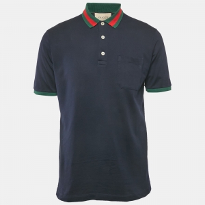 Gucci Navy Blue Web Collar Cotton Pique Polo T-Shirt S