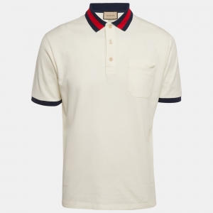 Gucci Cream GG Web Collar Pique Cotton Polo T-Shirt S