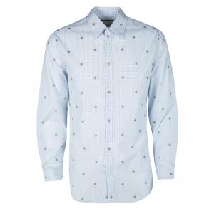 Gucci Blue and White Checked Bee Embroidered Button Front Long Sleeve Shirt L