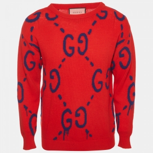 مملوكة مسبقًا Gucci Red/Blue GG Monogram Knit Long Sleeve Jumper XS